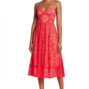 Women's NSR Crochet Stretch Lace Midi Dress Vibrant Reddish Pink Small NWOT